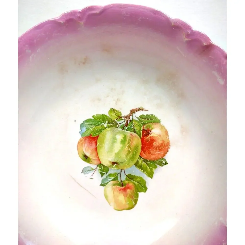 Antique Scalloped Edge Deep German Serving Bowl with Apples Pears 9.5